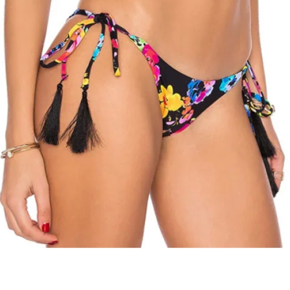PilyQ Samba Black Flora Bikini Bottoms with Tassels Size Small